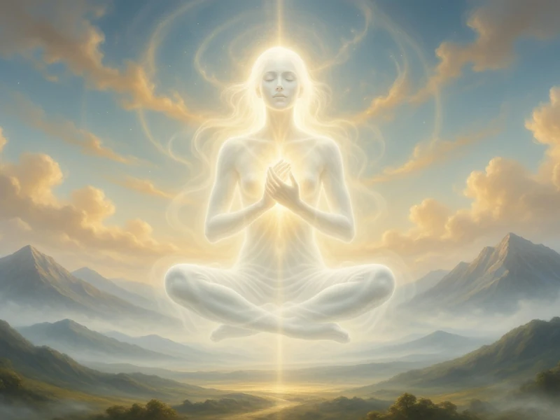 Une silhouette en méditation baignée dans la couleur blanche de L'Aura surplombe un paysage montagneux