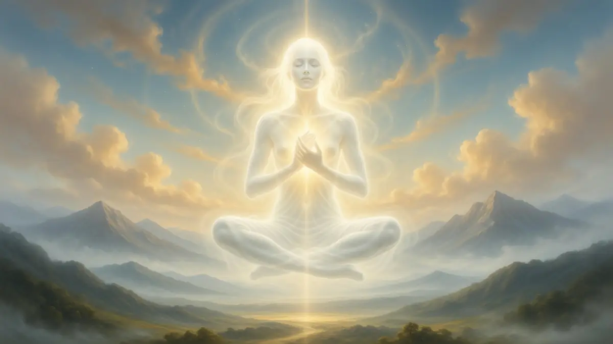 Une silhouette en méditation baignée dans la couleur blanche de L'Aura surplombe un paysage montagneux