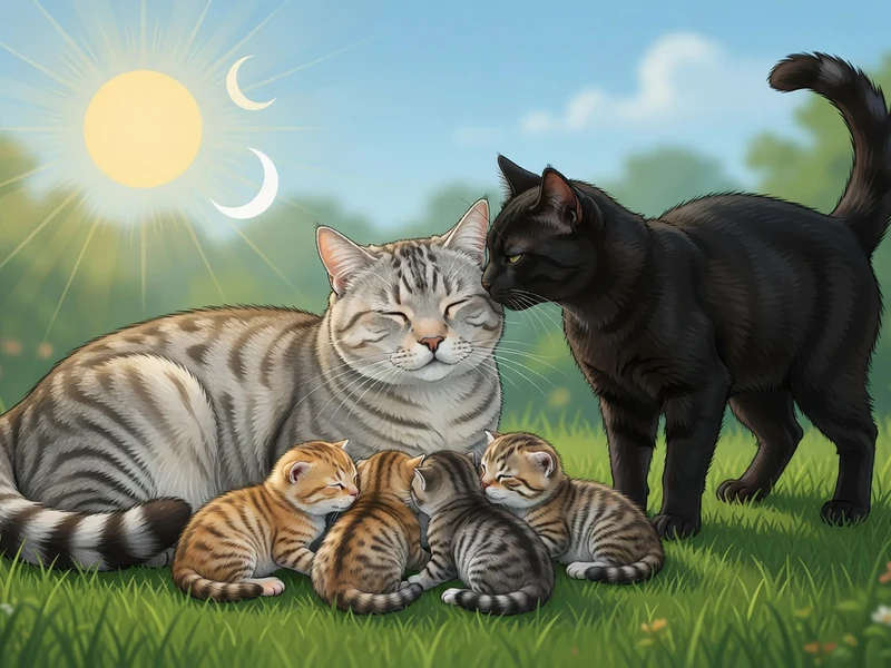 Scène montrant la reproduction d'un chat avec une mère et ses chatons dans l'herbe