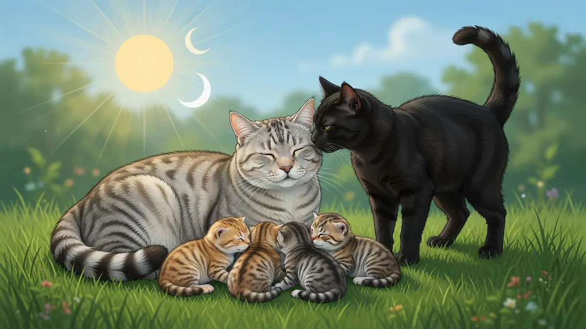 Scène montrant la reproduction d'un chat avec une mère et ses chatons dans l'herbe