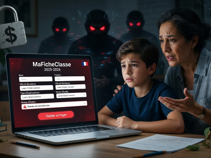 Une mère et son fils regardent MaFicheClasse sur un ordinateur portable avec des silhouettes menaçantes derrière