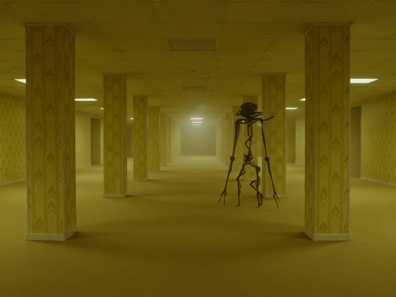 Une créature sombre se tient dans le labyrinthe infini et inquiétant des Backrooms