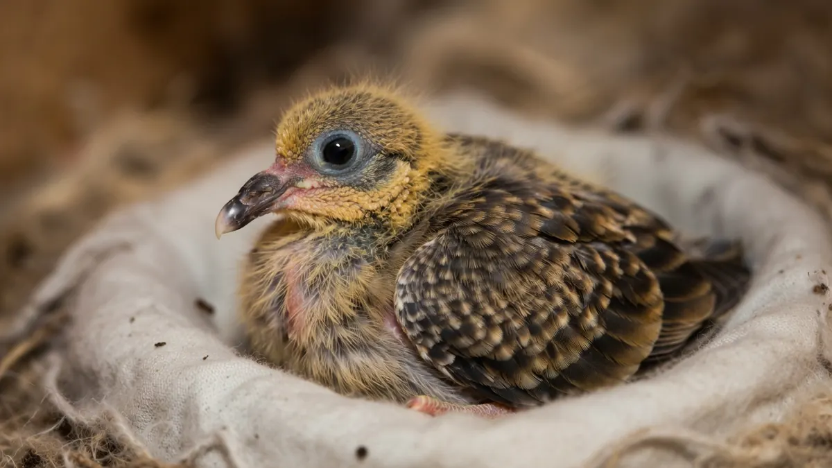 Un bébé pigeons repose dans un nid douillet