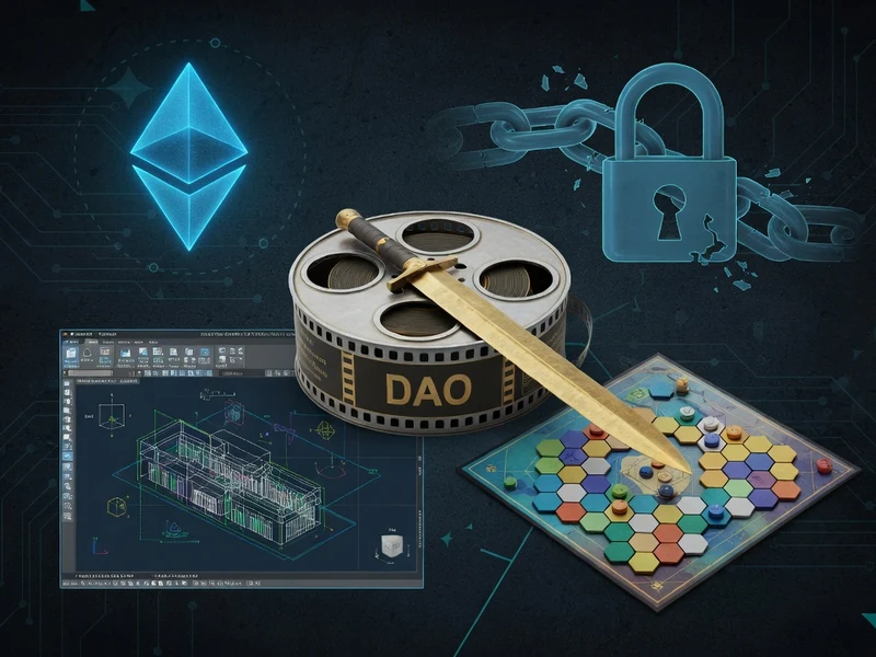Symboles de blockchain, de cinéma et de stratégie illustrant le fonctionnement complexe d'une DAO