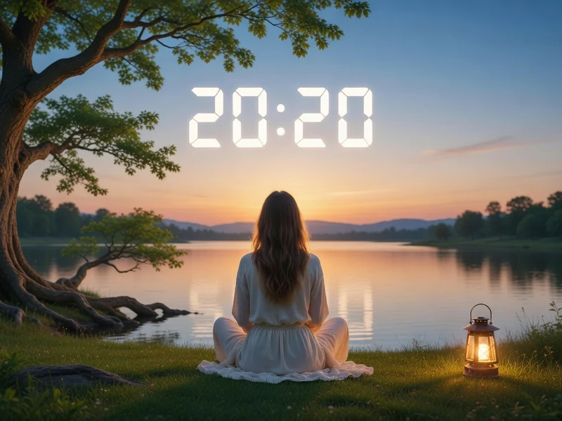Une femme assise au bord d'un lac au crépuscule près d'une lanterne évoque 20h20 signification