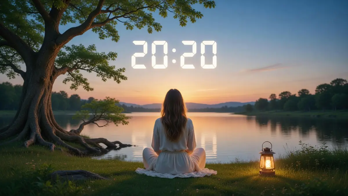 Une femme assise au bord d'un lac au crépuscule près d'une lanterne évoque 20h20 signification