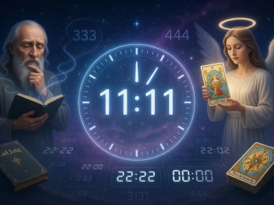 Illustration mystique d'une horloge indiquant une heure miroir entre un sage et un ange ailé