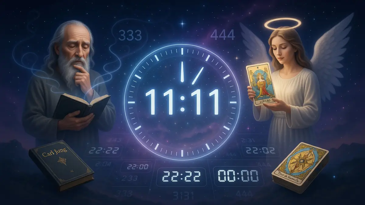 Illustration mystique d'une horloge indiquant une heure miroir entre un sage et un ange ailé