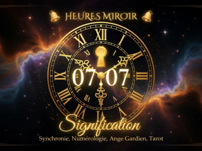 Une horloge dorée ornée montre 07h07 signification sur un fond astral coloré