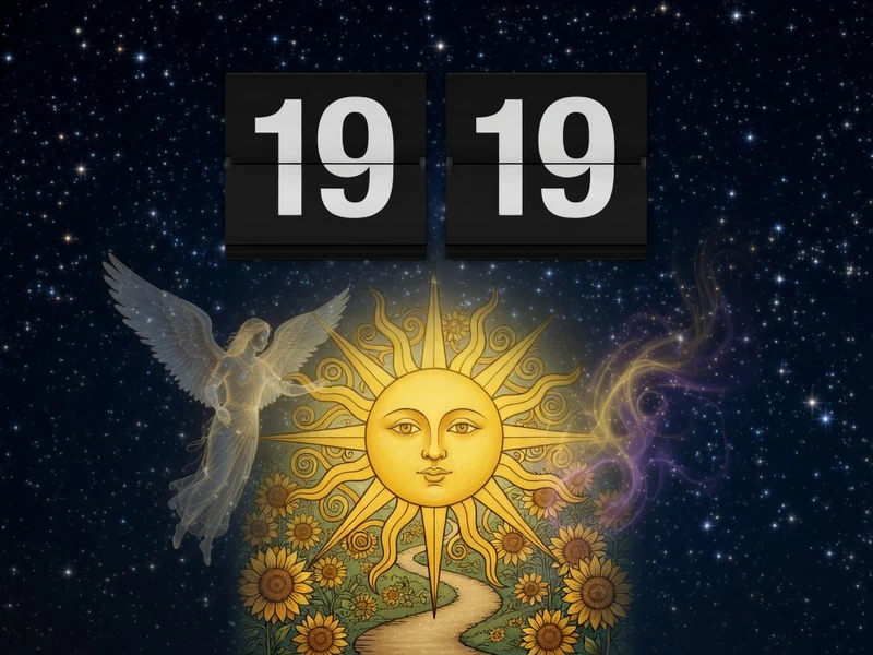 Une illustration mystique d'un ange ailé et d'un soleil entouré de tournesols évoque la 19h19 signification