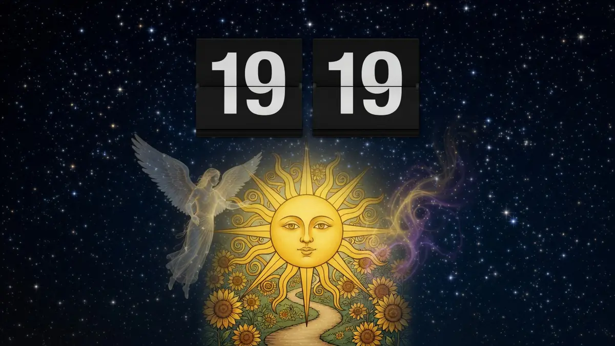 Une illustration mystique d'un ange ailé et d'un soleil entouré de tournesols évoque la 19h19 signification