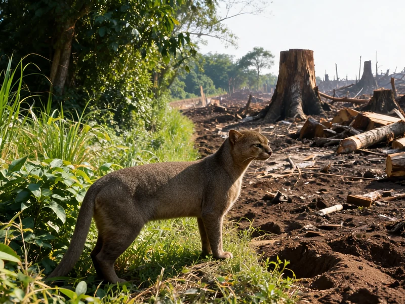Un jaguarondi se tient dans une zone déboisée avec des souches dans l'habitat des jaguarondis