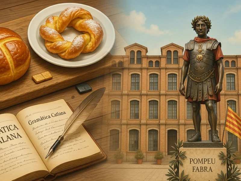 Des viennoiseries et un livre ancien jouxtent une statue les pompeu