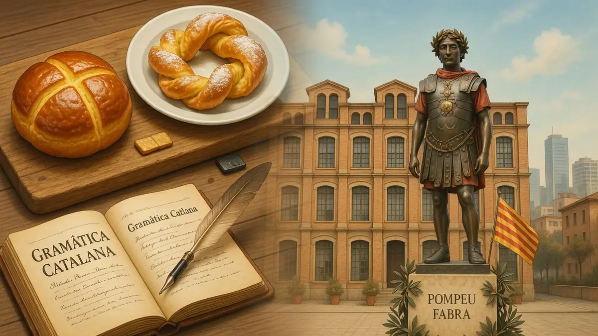 Des viennoiseries et un livre ancien jouxtent une statue les pompeu
