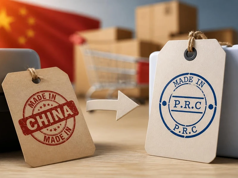 Étiquette de produit symbolisant le passage vers une mention made in The PRC devant des cartons d'expédition