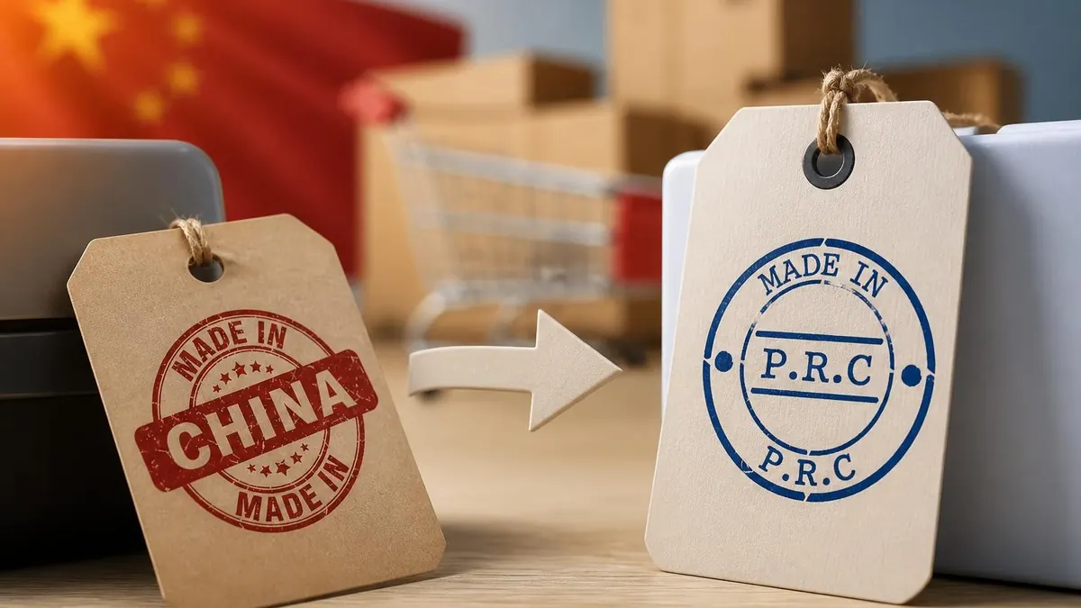 Étiquette de produit symbolisant le passage vers une mention made in The PRC devant des cartons d'expédition