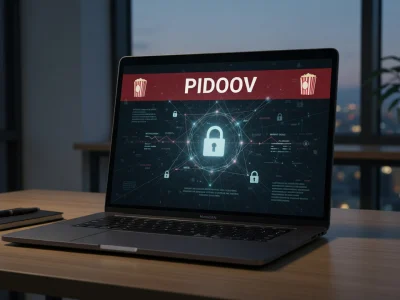 Un ordinateur portable sur un bureau en bois montre Pidoov face à une vue urbaine nocturne