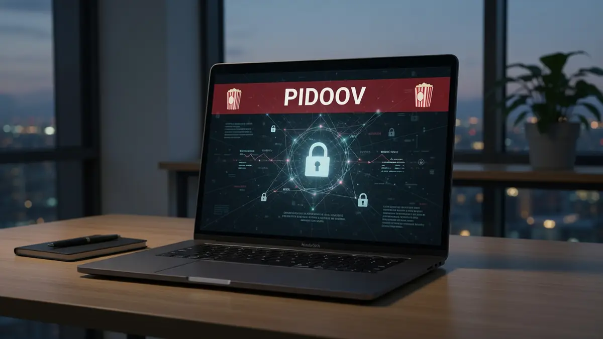 Un ordinateur portable sur un bureau en bois montre Pidoov face à une vue urbaine nocturne