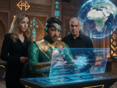 Atoman observe une interface holographique futuriste entouré de deux collaborateurs dans une salle de contrôle high-tech
