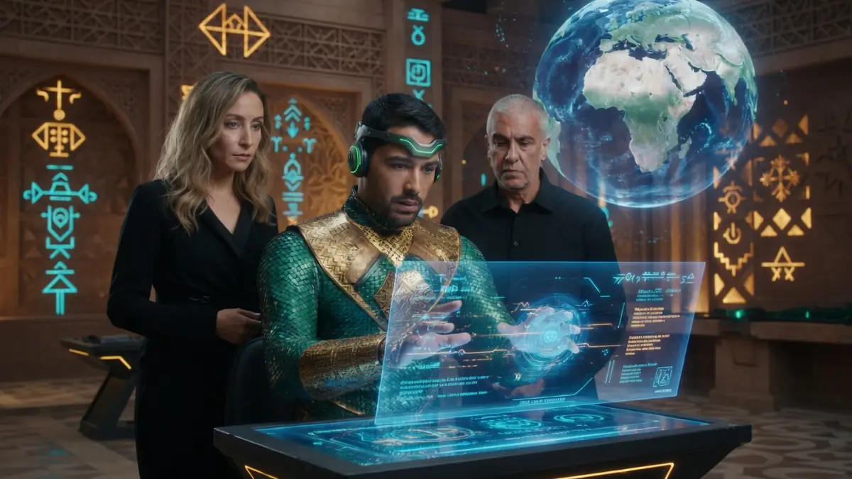 Atoman observe une interface holographique futuriste entouré de deux collaborateurs dans une salle de contrôle high-tech