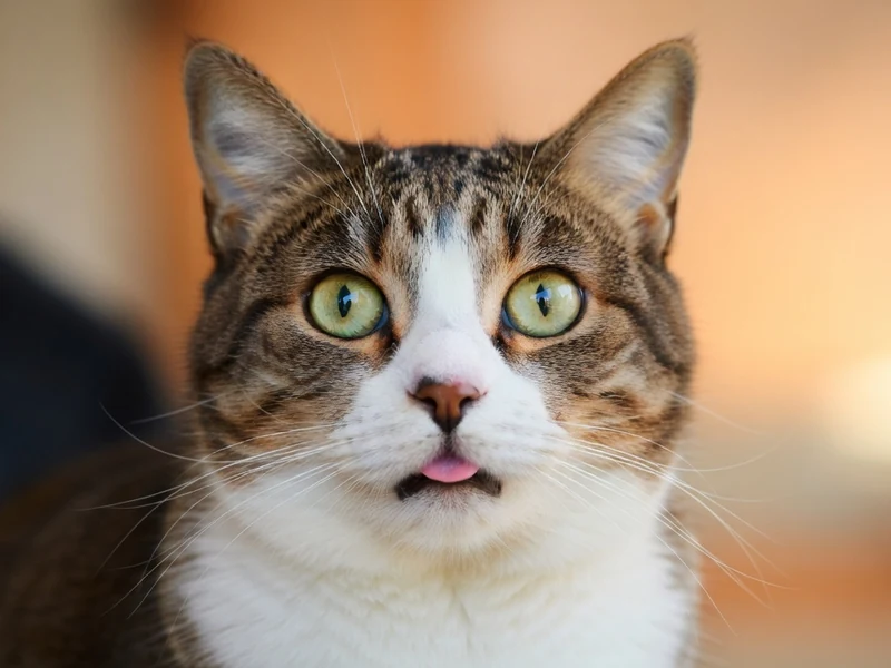 Un chat trisomique aux yeux verts écarquillés tire la langue