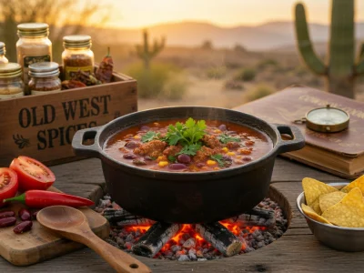 Un plat de chili con carne recette mijotant sur un feu dans le désert au coucher du soleil