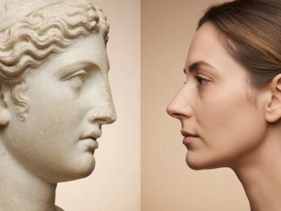 Une sculpture classique et une femme moderne de profil avec un nez grec
