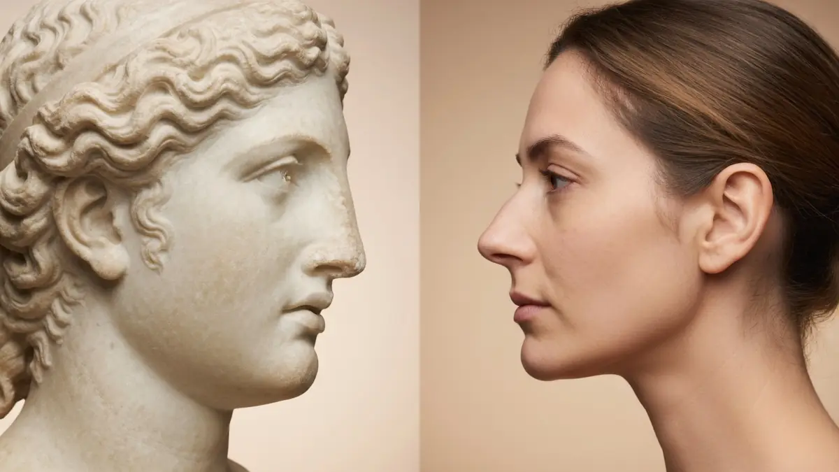 Une sculpture classique et une femme moderne de profil avec un nez grec