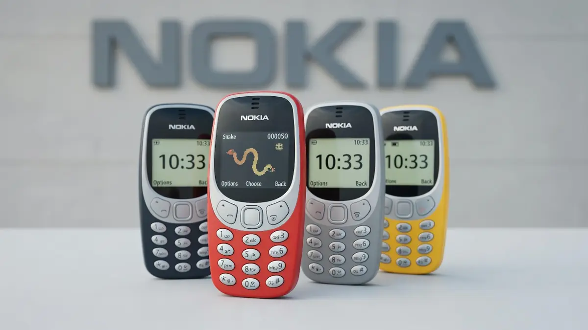 Quatre Nokia 3310c colorés sont alignés sur une surface blanche.