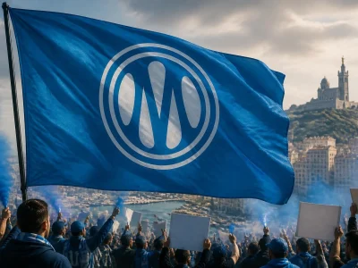 Un drapeau bleu flottant avec le nouveau logo OM devant la basilique Notre-Dame de la Garde à Marseille