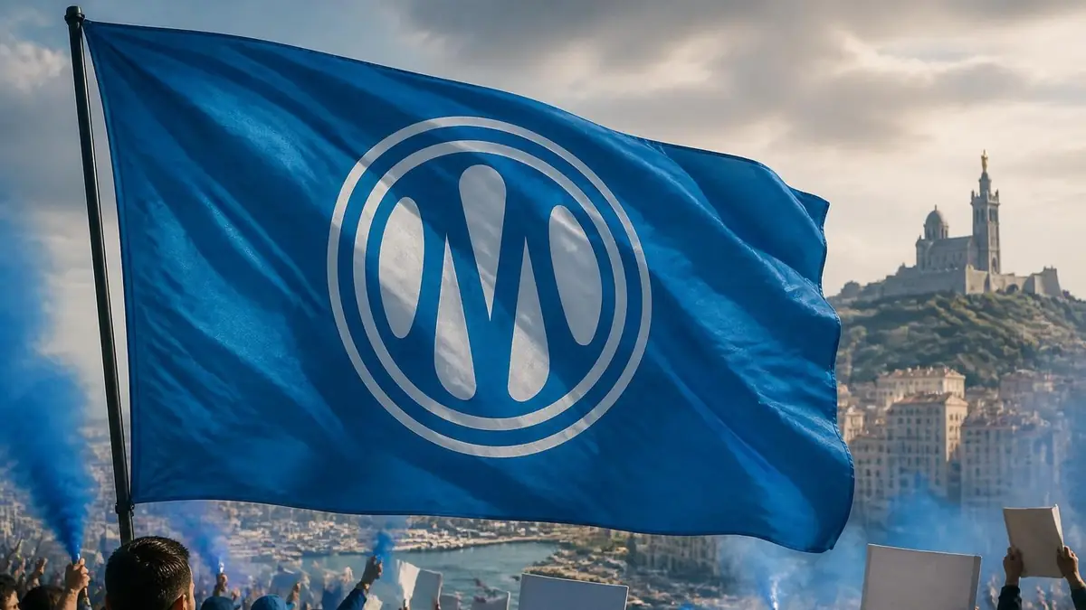 Un drapeau bleu flottant avec le nouveau logo OM devant la basilique Notre-Dame de la Garde à Marseille