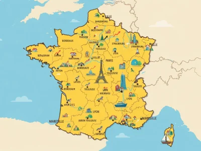 Une carte illustrée de la France mettant en avant la liste des 100 plus grandes villes de France