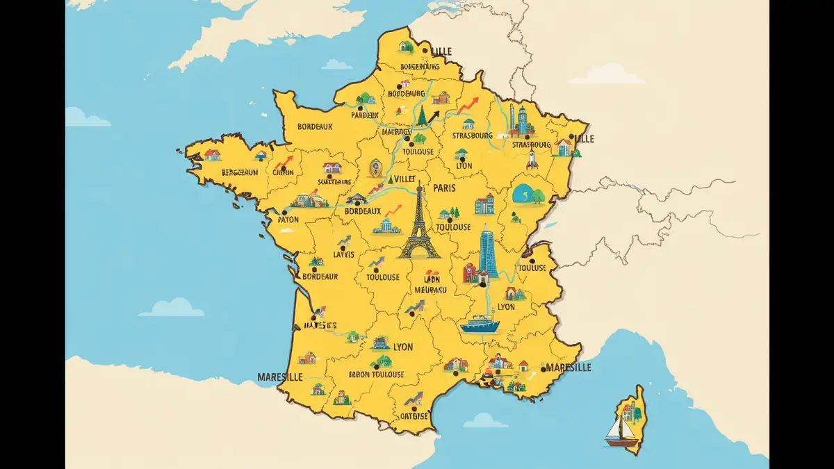 Une carte illustrée de la France mettant en avant la liste des 100 plus grandes villes de France