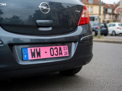Vue arrière d'une voiture grise arborant une plaque d'immatriculation rose