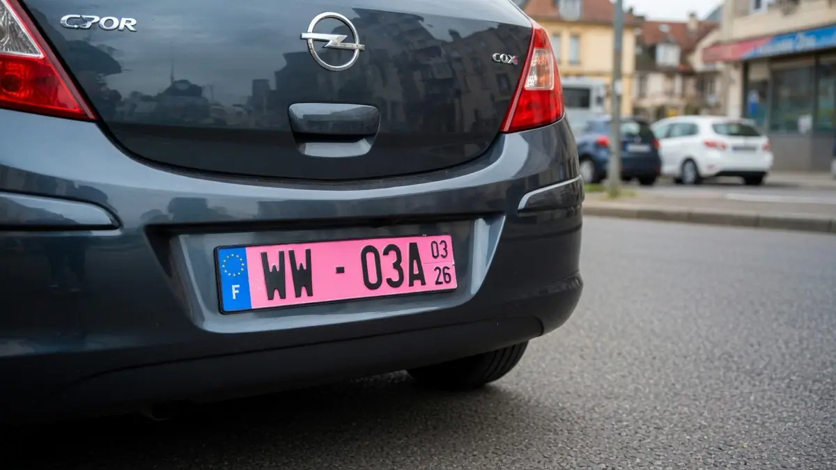 Vue arrière d'une voiture grise arborant une plaque d'immatriculation rose