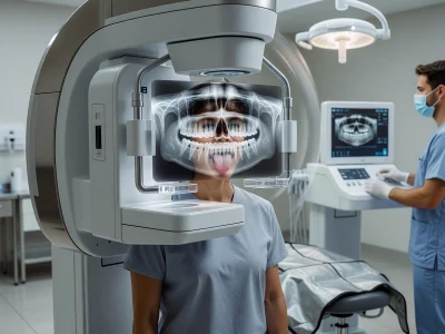 Un patient réalise un panoramique dentaire pendant qu'un soignant manipule les commandes de l'appareil