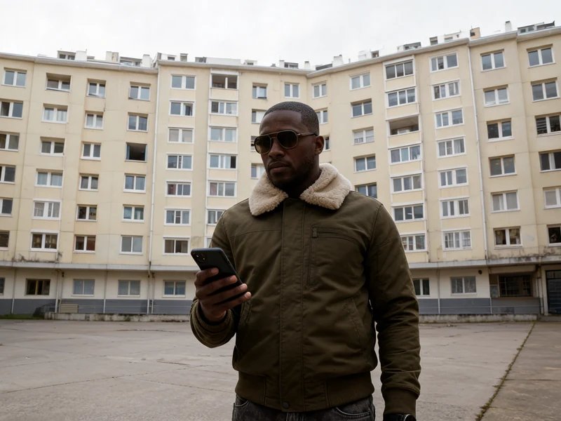 Un homme consulte son téléphone dans une cour Bazardée
