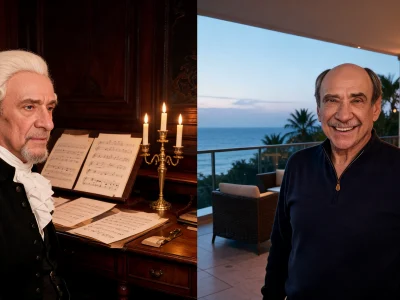 Fahrid Murray Abraham porte un habit historique à gauche et une tenue moderne à droite