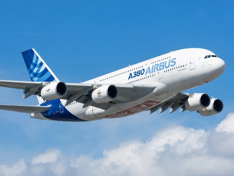 L'Airbus Industrie A380 survole un ciel bleu parsemé de nuages
