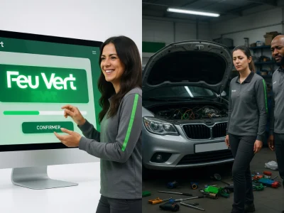 Une femme devant un ordinateur et des mécaniciens avec une voiture illustrent feu vert avis
