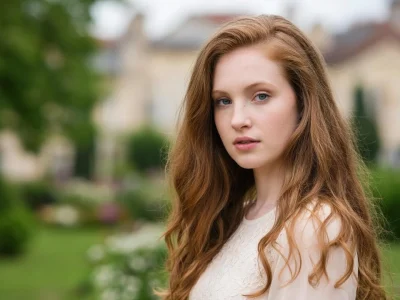 Ingrid Juveneton aux longs cheveux ondulés dans un jardin résidentiel