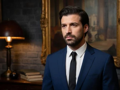 Grant Lawrens porte un costume bleu élégant dans un bureau au style classique et feutré