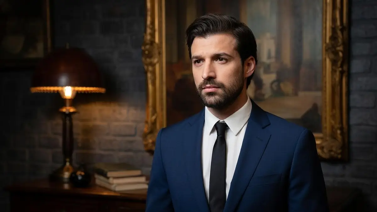 Grant Lawrens porte un costume bleu élégant dans un bureau au style classique et feutré