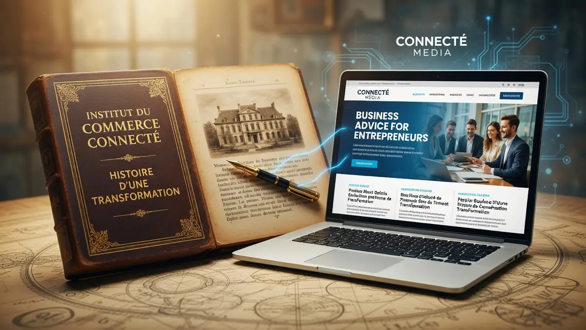 Un livre ancien et un ordinateur portable illustrent l'institut Commerce Connecté com