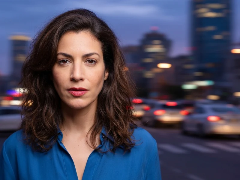 Myriam Bourguignon regarde l'objectif devant un décor urbain le soir