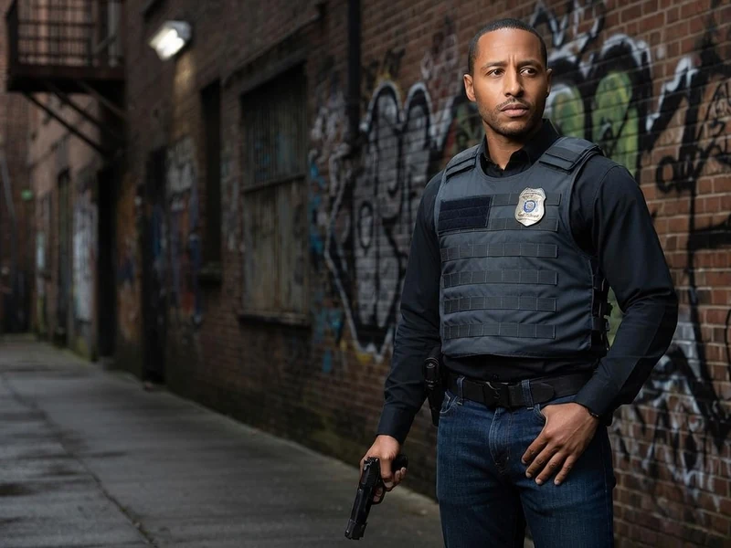 Nathan Dellemme dans le rôle d'un officier de police armé dans une ruelle sombre avec des graffitis sur les murs
