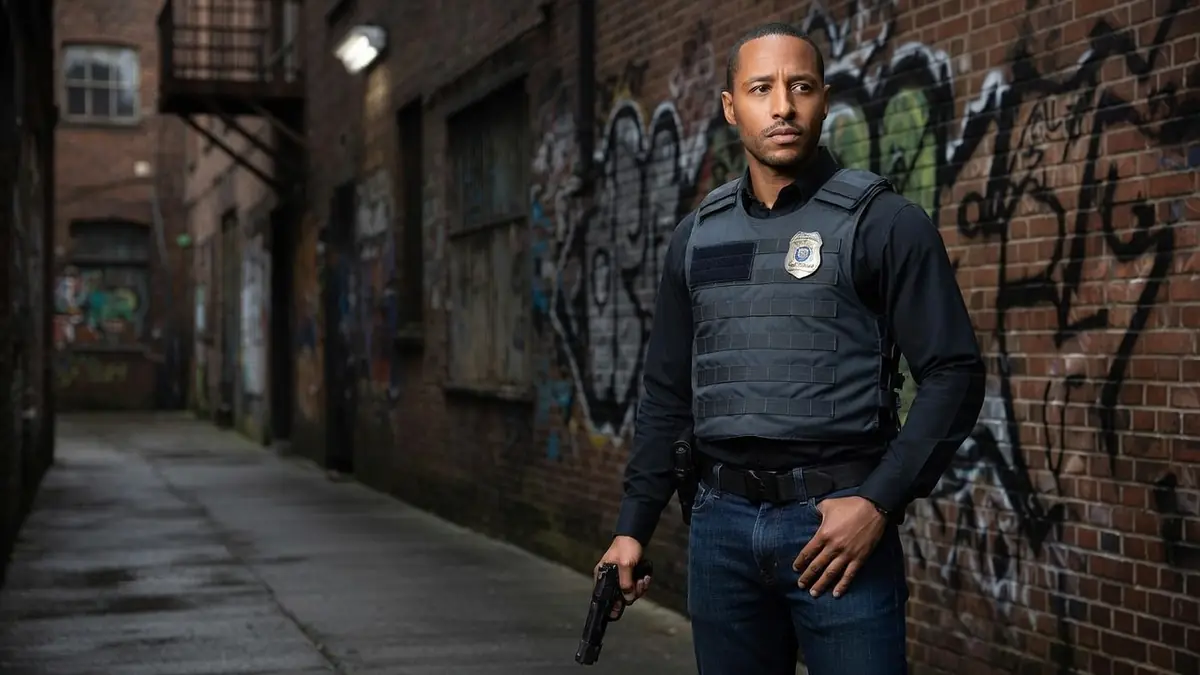 Nathan Dellemme dans le rôle d'un officier de police armé dans une ruelle sombre avec des graffitis sur les murs