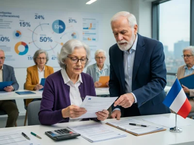 Des seniors analysent les conditions pour la pension de réversion dans un bureau moderne