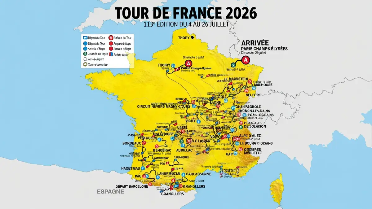 Carte illustrant le tour de France 2026 parcours de Barcelone à Paris