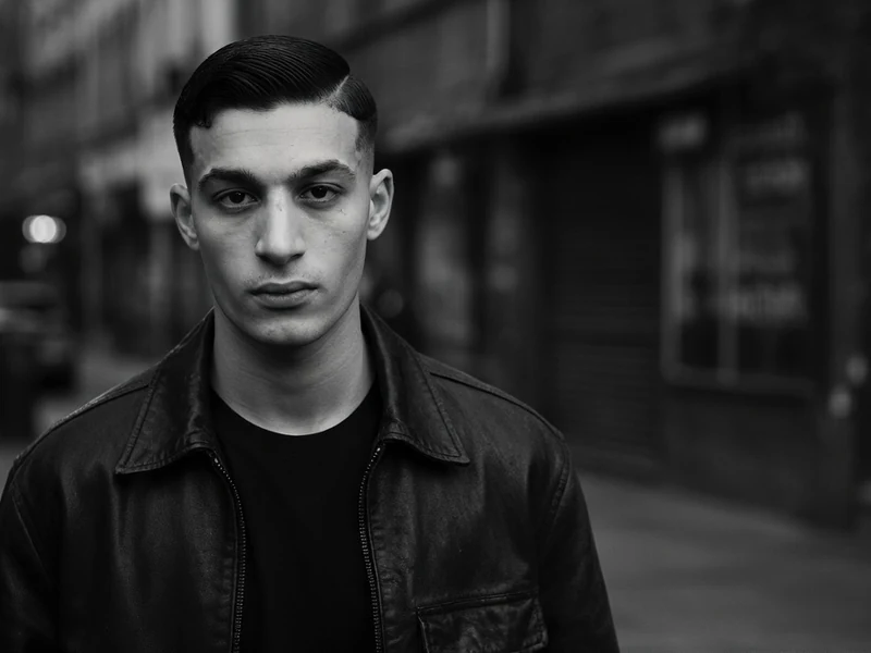 Portrait en noir et blanc de Bilal Ben Osmane portant une veste en cuir dans une rue urbaine